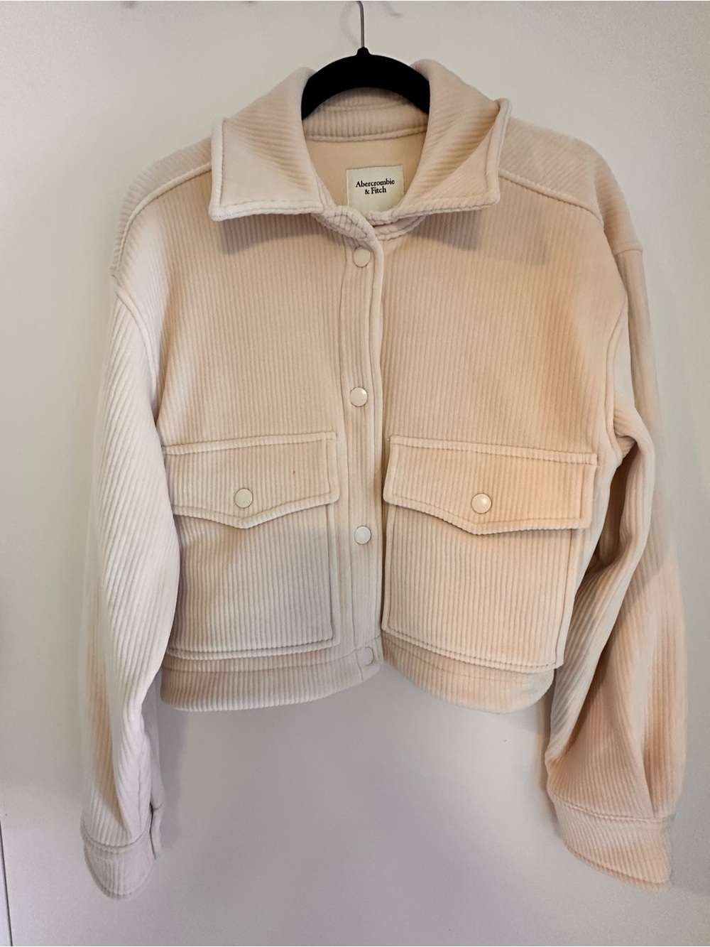 Abercrombie & Fitch Cream Ribbed Snap-Front Cropped Jacket